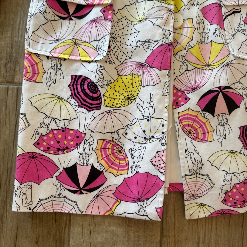 Andrea Viccaro Women Pink Yellow Umbrella Pinup Print Cotton Trench Coat Size 10 - Picture 2 of 12
